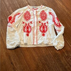 Zara White Southwestern Button Up Blouse with Red Embroidery Size Small